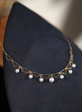 蕾丝珍珠项链18k金色日本温柔