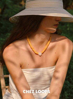 CHEZ LOOPS旷野琥珀白水晶项链原创设计黄玉马来玉镀金吊坠锁骨链