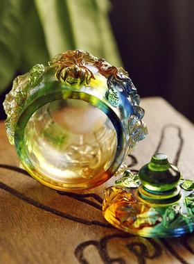 佛堂供具浮雕莲花贡杯供佛财神观音七彩古法琉璃供水杯大悲圣水杯