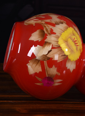 景德镇陶瓷器 中国红麦秆牡丹葫芦花瓶 家居装饰客厅摆件结婚礼品