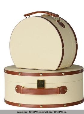 样板房衣帽间梳妆台装饰饰品道具新覆古圆形皮箱收纳箱