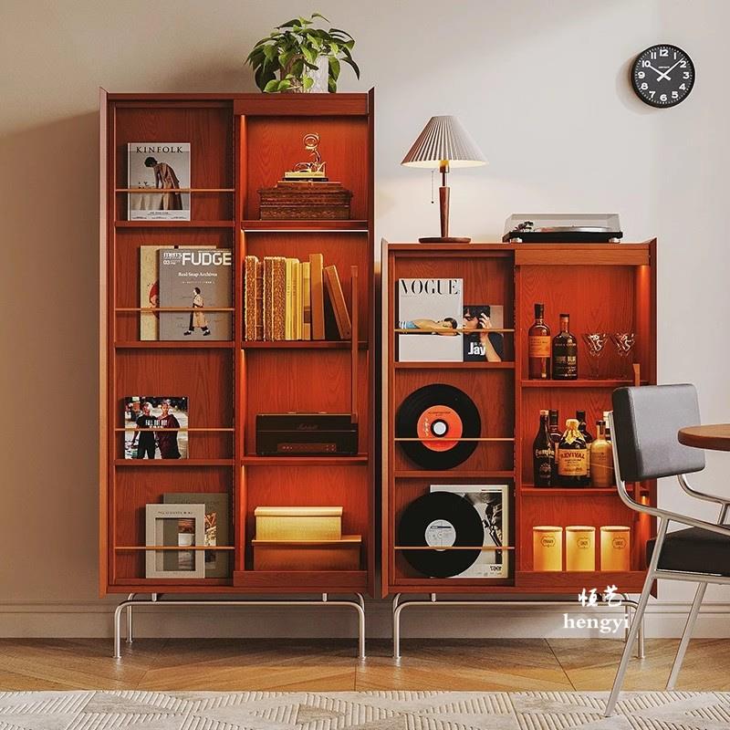 覆古实木书柜书房杂志柜收纳柜家用客厅玻璃门书架展示柜沙边边柜 - 图0