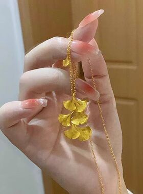 古法金三生有幸银杏叶项链复古轻奢黄金锁骨链套链生日礼物送女友