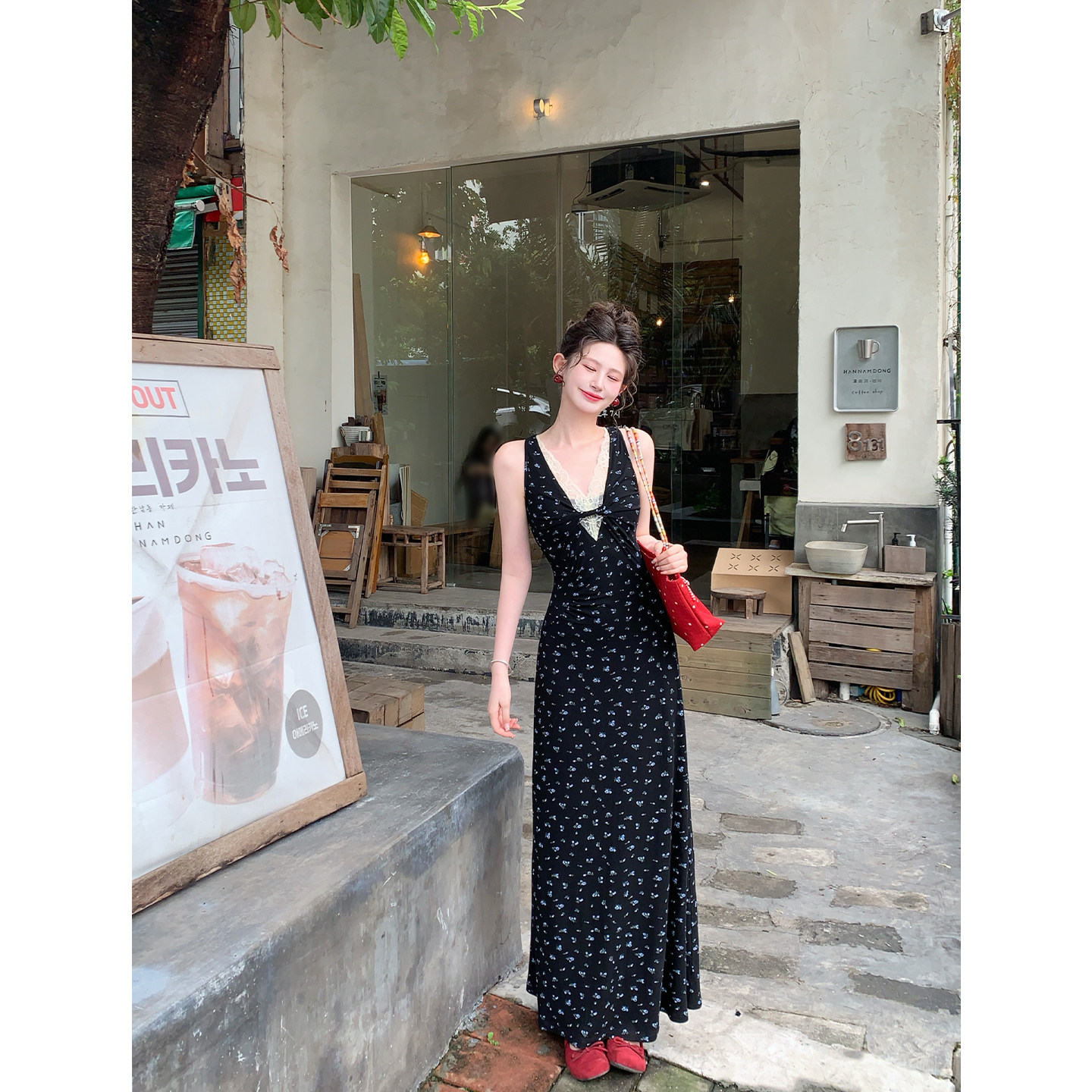 一生罗曼【济州盛夏】法式复古碎花连衣裙女夏V领蕾丝显瘦长裙