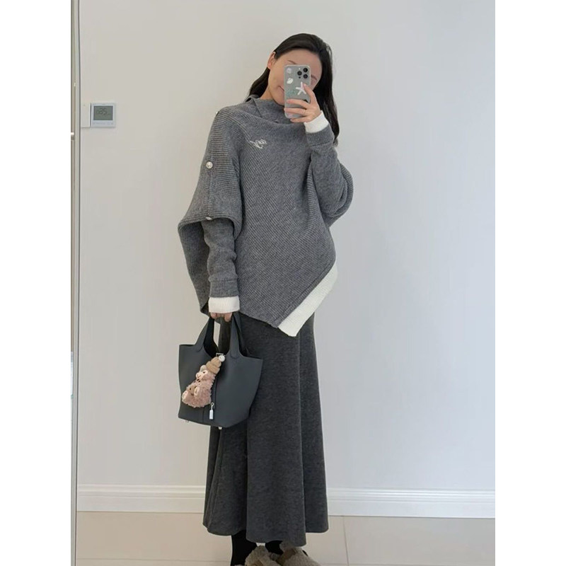 高级感原创时尚气质不规则斗篷灰色毛衣女毛呢半身裙慵懒韩系套装,淘宝优惠券,粉丝福利购,淘宝优惠卷