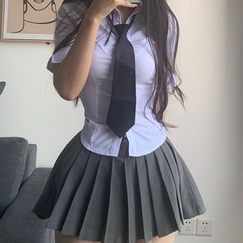 纯欲风美式辣妹收腰衬衫套装女春高腰百褶半身裙性感短袖紧身制服,淘宝优惠券,粉丝福利购,淘宝优惠卷