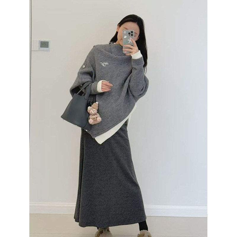 高级感原创时尚气质不规则斗篷灰色毛衣女毛呢半身裙慵懒韩系套装,淘宝优惠券,粉丝福利购,淘宝优惠卷