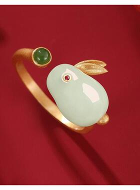 S925 pure silver rabbit Hetian jade open ring female zodiac