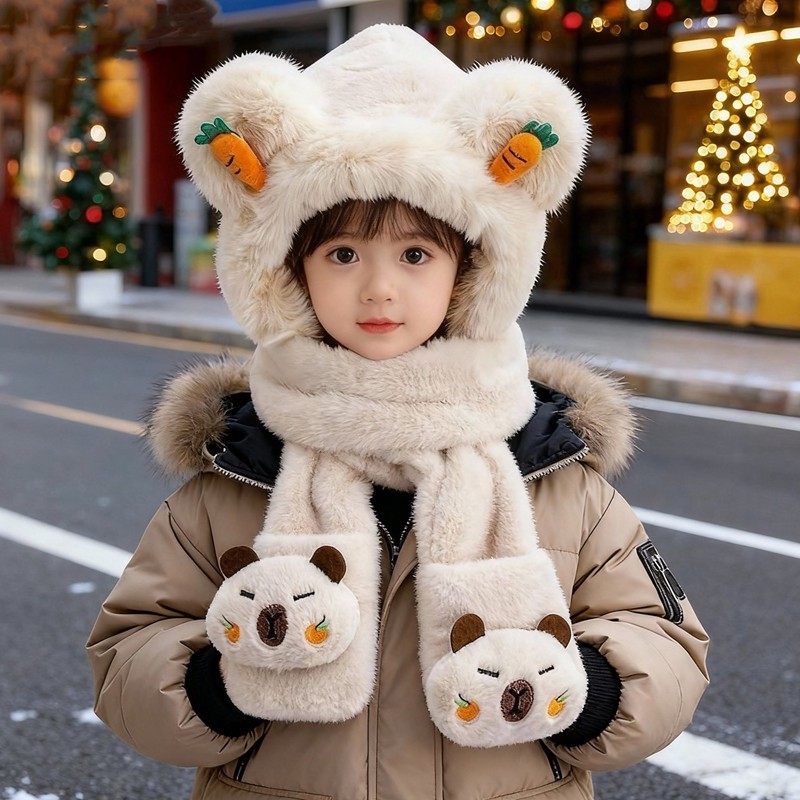 儿童帽子冬季加厚保暖宝宝毛绒帽女童帽子围巾手套一体男孩护耳帽,淘宝优惠券,粉丝福利购,淘宝优惠卷