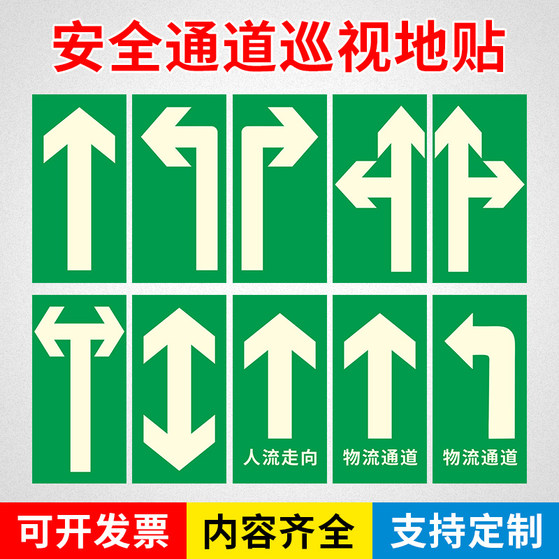 巡视路线地贴巡视点耐磨地贴标识逃生路线物流通道磨砂地贴左右拐弯转弯直行箭头标识贴方向指示牌防滑定制-图1