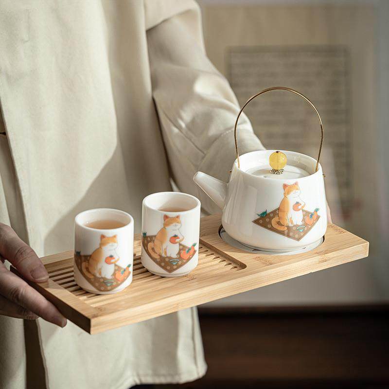羊脂玉瓷功夫茶具提梁壶可爱橘猫茶壶茶杯一壶两杯三杯干泡小套组,淘宝优惠券,粉丝福利购,淘宝优惠卷