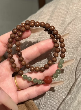 天然金丝檀搭配和田玉玛瑙双圈手串女款木质文玩佛珠新中式手链