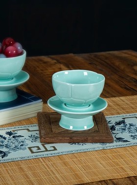 陶瓷青瓷供奉佛碗家用佛具供佛贡碗高脚斋饭碗七宝八供吉祥水碗