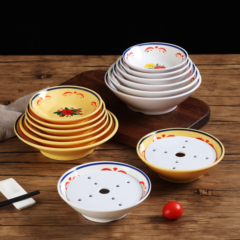 黄玫瑰密胺怀旧碗老火锅菜碗蘸料碗调料碗老式方搪瓷碗蒸菜碗餐具