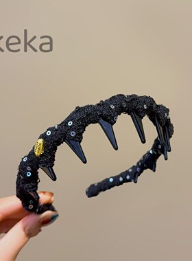 黑色亮片布艺缠绕锯齿齿梳发箍复古小众防滑头箍手工碎发整理头饰