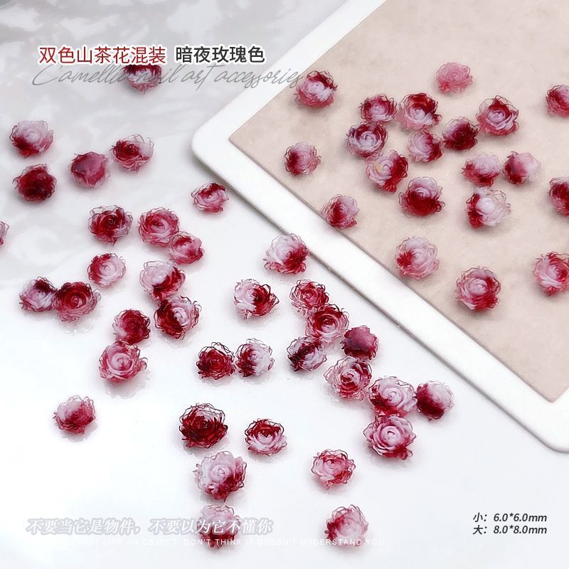 新款双色暗夜玫瑰山茶花美甲饰品辣妹风玫瑰花大小指甲DIY装饰钻-图2