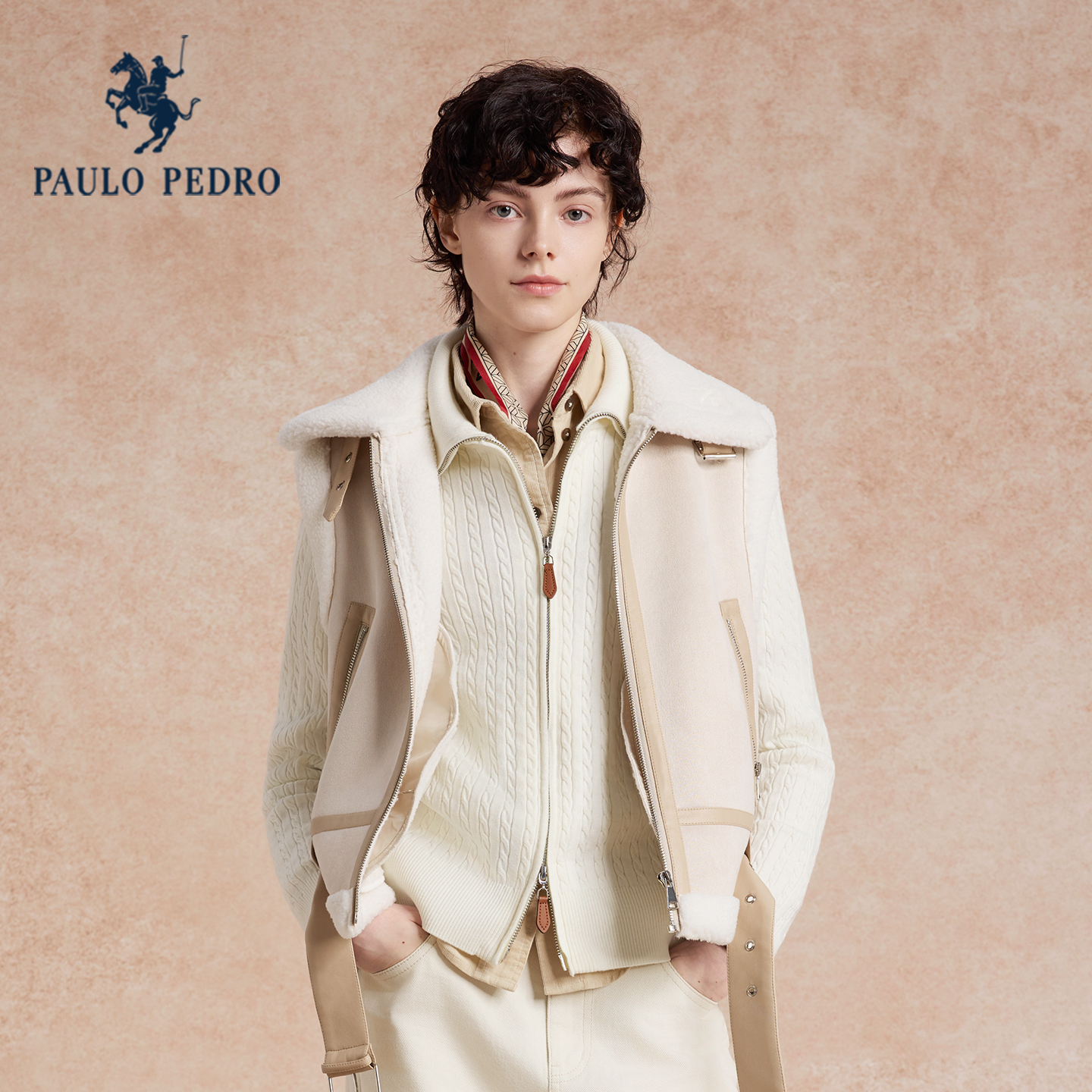 保罗彼得2025秋冬新款女针织衫翻领保暖短外套开衫毛衣JAECZ00030 - 图1