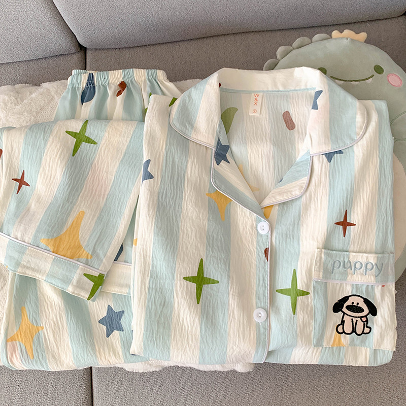 云朵棉蓝条纹大鼻狗睡衣女春秋季长袖长裤套装卡通甜美可爱家居服,淘宝优惠券,粉丝福利购,淘宝优惠卷