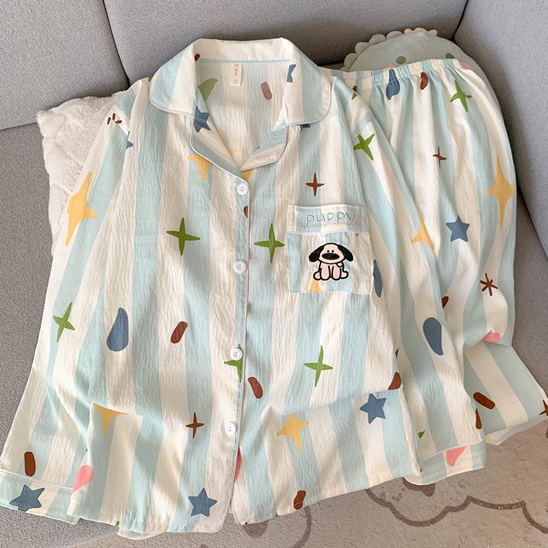 云朵棉蓝条纹大鼻狗睡衣女春秋季长袖长裤套装卡通甜美可爱家居服,淘宝优惠券,粉丝福利购,淘宝优惠卷