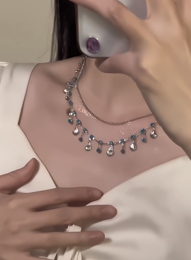 蓝色之恋～爱心蓝钻贝壳项链女异域风情叠戴锁骨链颈链百搭流苏