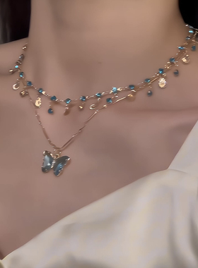 泉水小蝴蝶！蓝色蝴蝶项链女轻奢小众设计感锁骨链高级颈链配饰