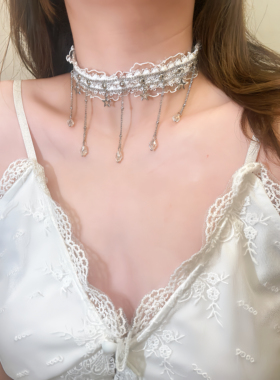 星落碎冰！星星链流苏吊坠白色蕾丝choer项链女时尚小众锁骨颈环