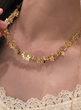 纯欲小花朵～精致高级感繁花亮片抽拉项链女时尚百搭个性锁骨链