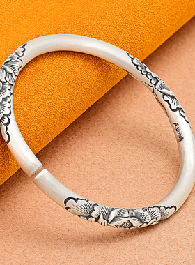 纯银999牡丹花复古足银手镯雪花银手工简约镯子送妈妈款母亲礼物