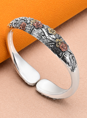 暗香疏影足银999纯银手镯女纯手工錾刻嵌铜工艺民族风送礼好物