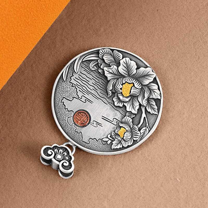 银千造 福照吉祥足银999实心手工非遗镶金牡丹花纯银吊坠女毛衣坠,淘宝优惠券,粉丝福利购,淘宝优惠卷