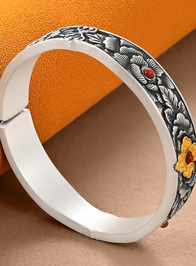 银千造 吉祥如意足银999实心手工银手镯牡丹花银镯子开口款送妈妈