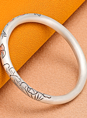 妈妈款银手镯女纯银999银镯子双鱼戏莲足银实心银饰手镯送长辈礼