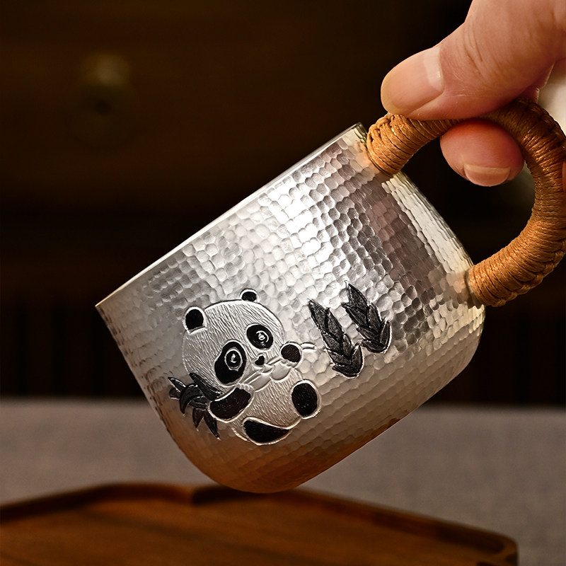 银千造 熊猫茶杯足银手工银杯子把手马克杯手工锤纹银口杯牛奶杯,淘宝优惠券,粉丝福利购,淘宝优惠卷