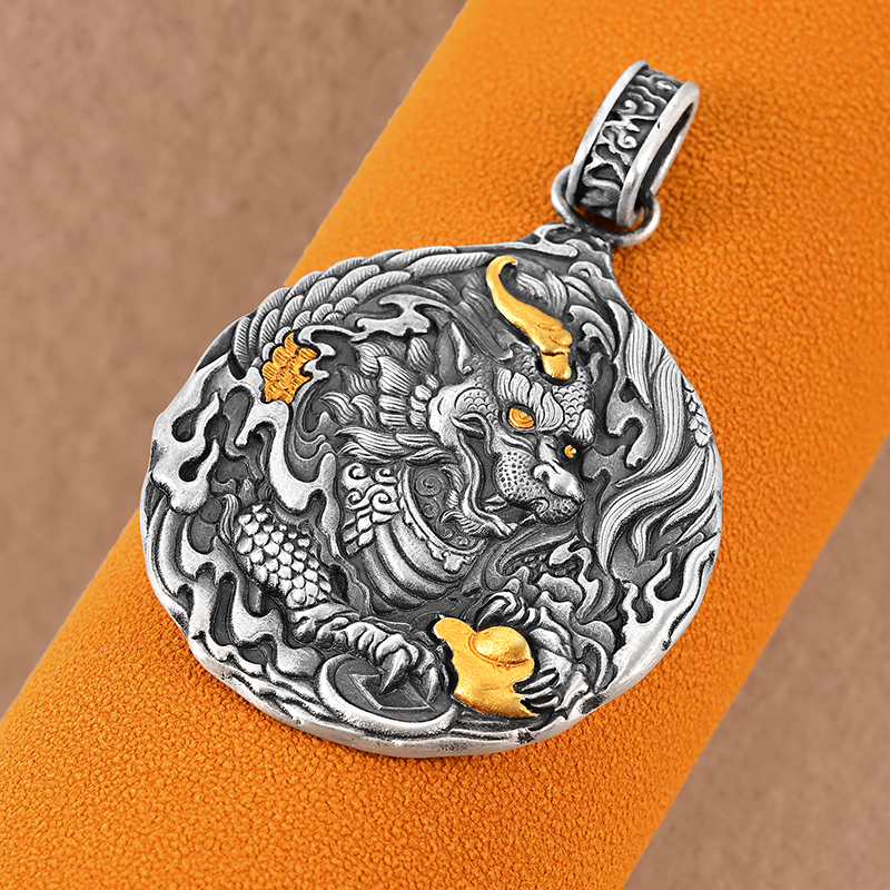 银千造 貔貅元宝足银999实心男女款纯银吊坠非遗镶金银项链毛衣链 - 图3