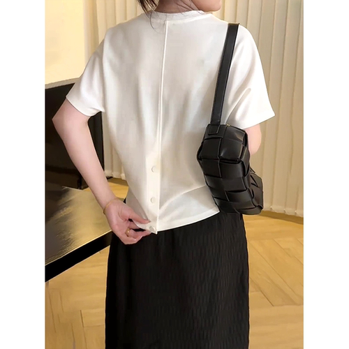 白色圆领短袖t恤女2026新款夏季后背设计感洋气减龄收腰短款上衣 - 图0