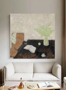 HW.ART纯手绘油画《淘气小狗》卧室侘寂风装饰画客厅玄关挂画手工
