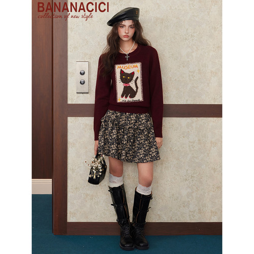 BANANA CICI2025年冬季原创撞色猫咪刺绣安可拉红毛衣针织衫 - 图2