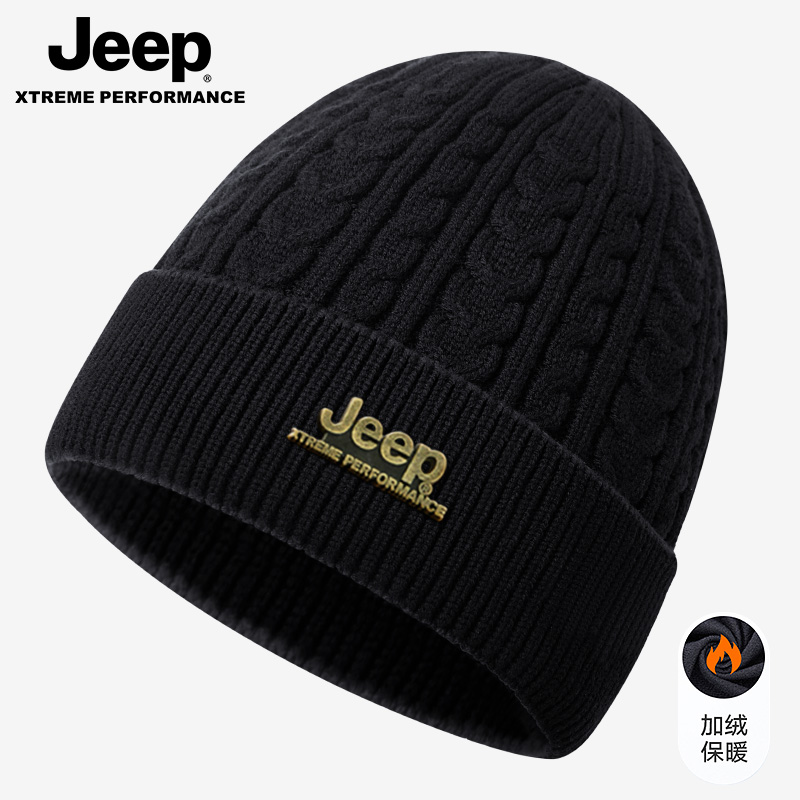 jeep吉普帽子男冬季针织帽骑行骑车加绒防寒保暖加厚毛线帽子男士 - 图1
