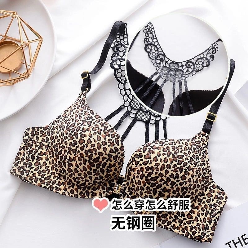 豹纹前扣性感聚拢无钢圈厚款文胸调整型美背薄款小胸女内衣套装,淘宝优惠券,粉丝福利购,淘宝优惠卷