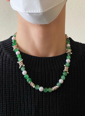 荆棘绿色玉石拼接项链男ins小众设计高级感个性潮嘻哈锁骨链配饰