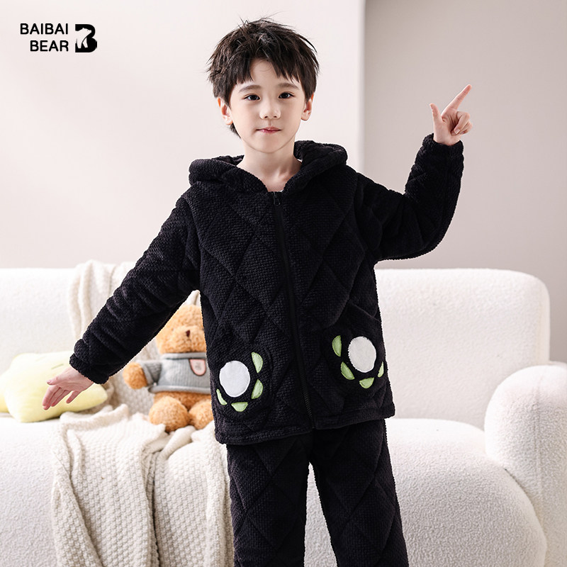 摆摆熊睡衣儿童冬季加厚款三层加厚夹棉男童冬款珊瑚绒保暖家居服,淘宝优惠券,粉丝福利购,淘宝优惠卷