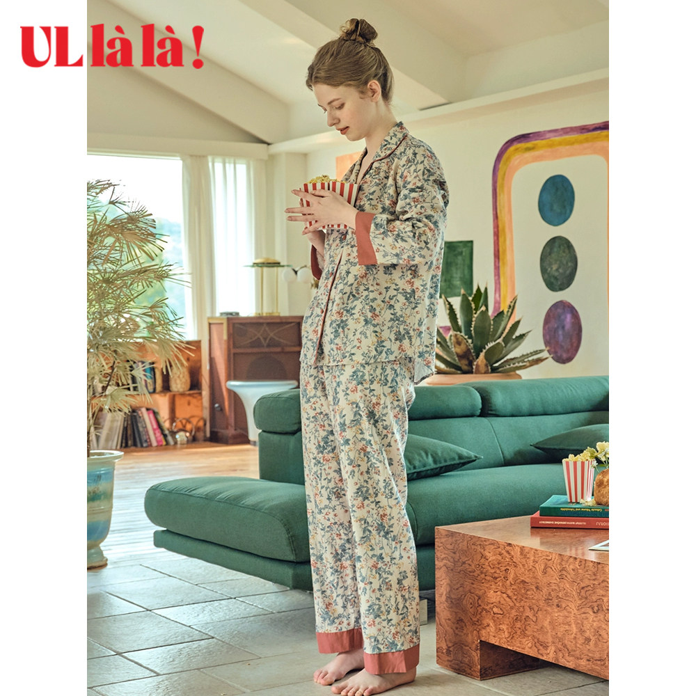 [繁花]ULLALA家居服睡衣乌拉拉纯棉秋季V领长袖长裤印花套装女士,淘宝优惠券,粉丝福利购,淘宝优惠卷