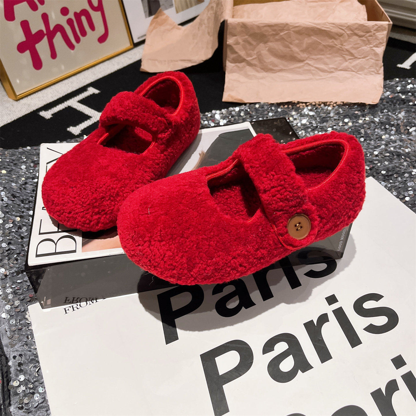 羊毛版~欧货一字扣玛丽珍浅口勃肯鞋大头豆豆鞋红色平底毛毛鞋女,淘宝优惠券,粉丝福利购,淘宝优惠卷