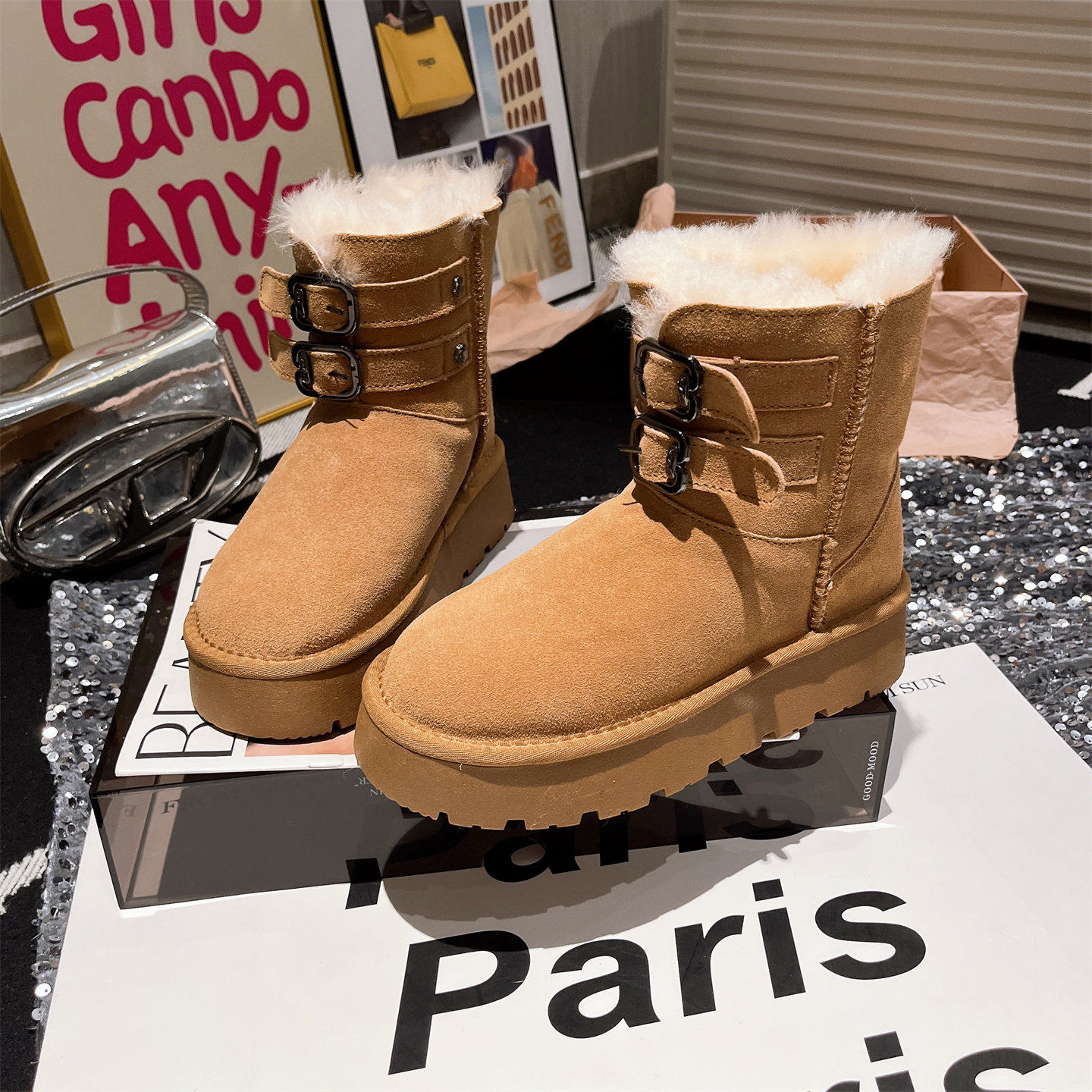 2025新款真皮羊毛金属扣厚底松糕雪地棉靴加厚保暖短靴小个子女鞋,淘宝优惠券,粉丝福利购,淘宝优惠卷