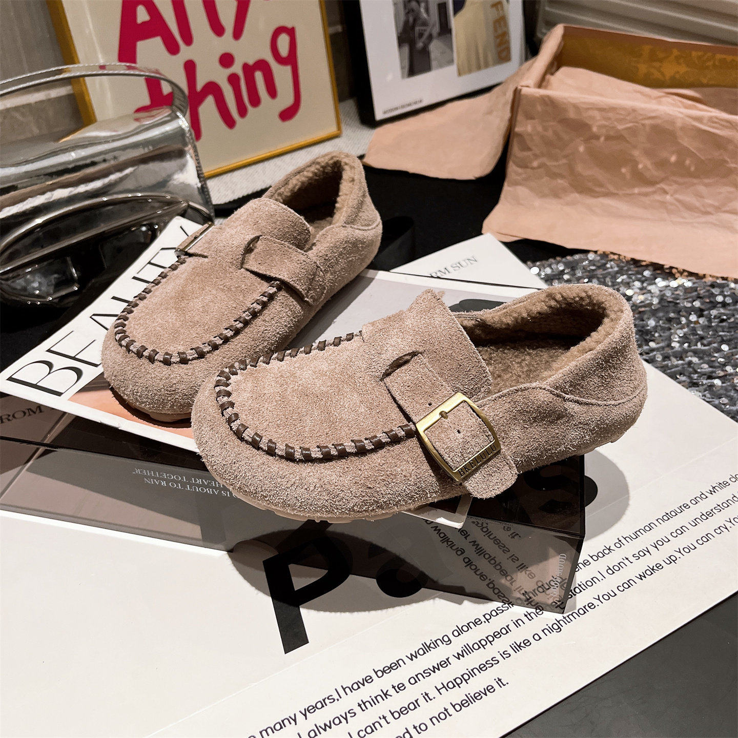 2025新款真皮加绒缝线棉瓢鞋乐福鞋一脚蹬豆豆鞋勃肯鞋平底鞋女鞋,淘宝优惠券,粉丝福利购,淘宝优惠卷