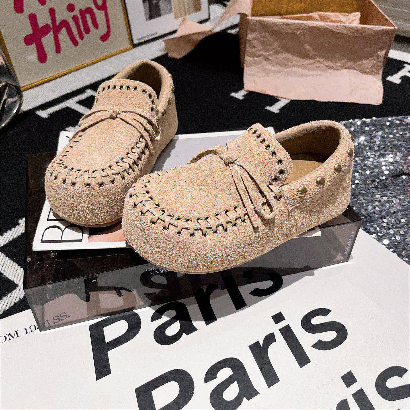 真皮版~大头编织铆钉蝴蝶结豆豆鞋勃肯鞋乐福鞋一脚蹬平底鞋女鞋,淘宝优惠券,粉丝福利购,淘宝优惠卷