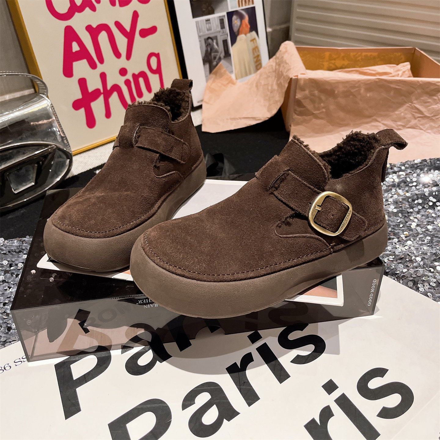 欧货冬季新款真皮羊毛金属扣高帮勃肯鞋雪地棉靴面包鞋平底鞋女鞋,淘宝优惠券,粉丝福利购,淘宝优惠卷