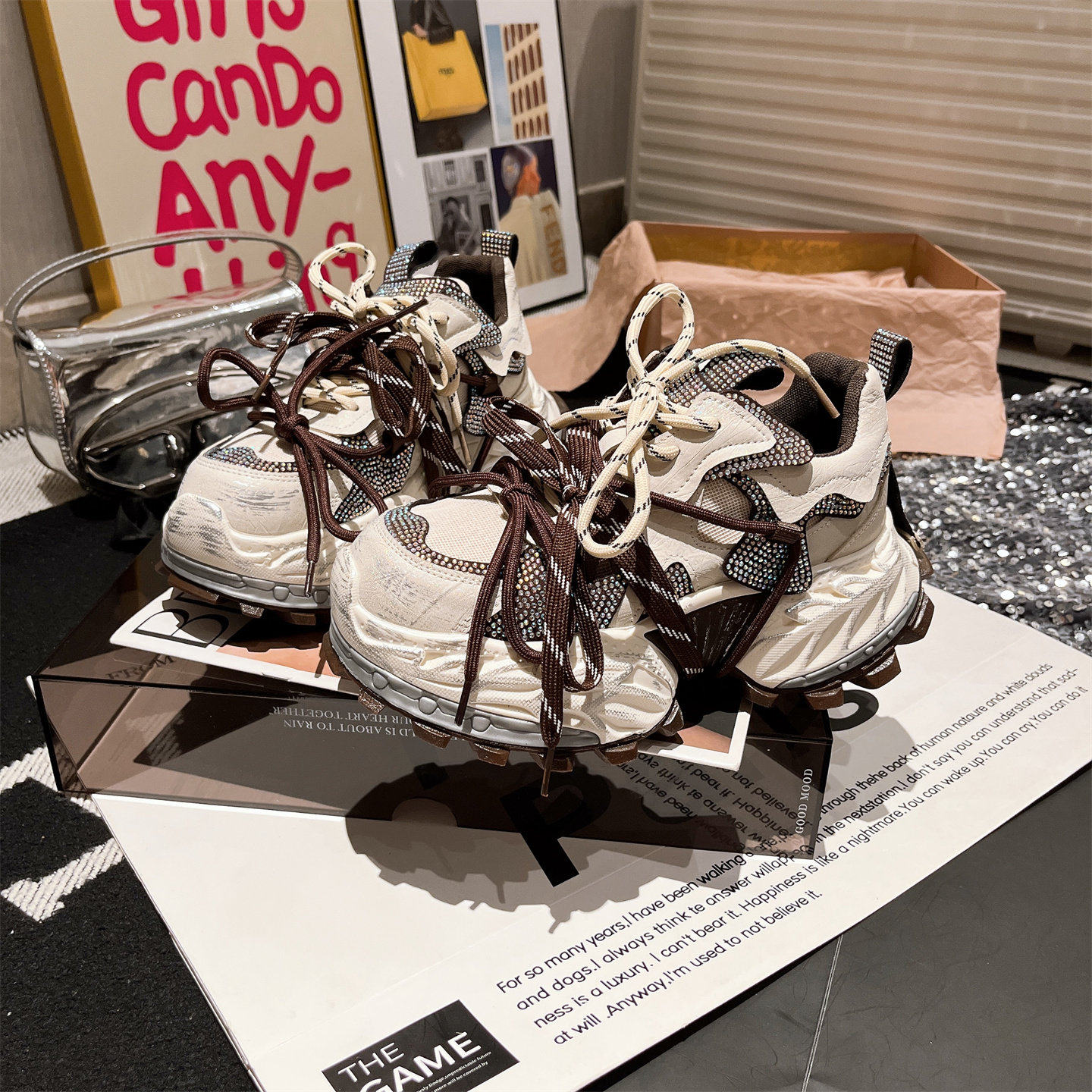 老爹鞋ins超火水钻绑带厚底松糕休闲运动鞋小个子6cm显瘦增高女鞋,淘宝优惠券,粉丝福利购,淘宝优惠卷