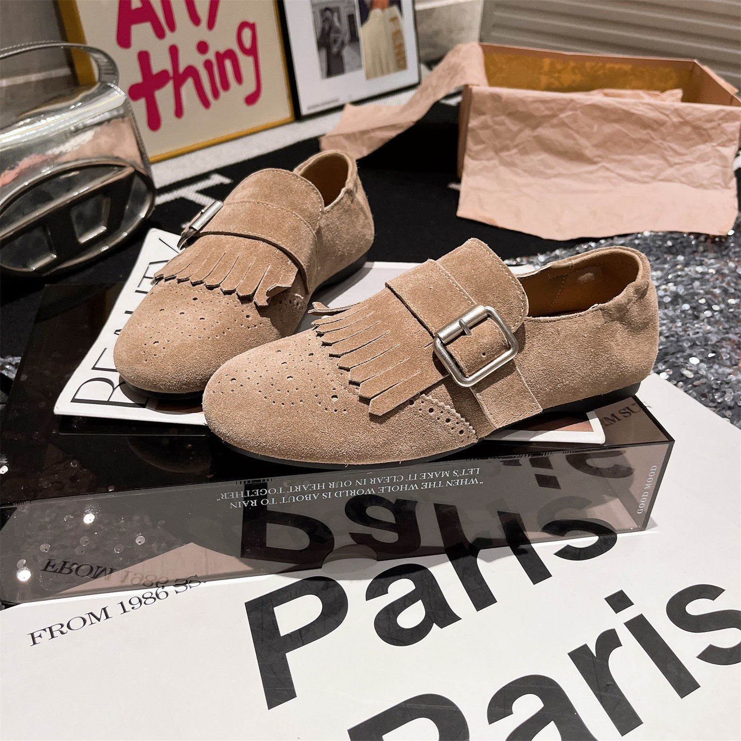 牛皮脚垫羊皮版~欧货真皮金属扣流苏豆豆鞋勃肯鞋平底一脚蹬女鞋,淘宝优惠券,粉丝福利购,淘宝优惠卷