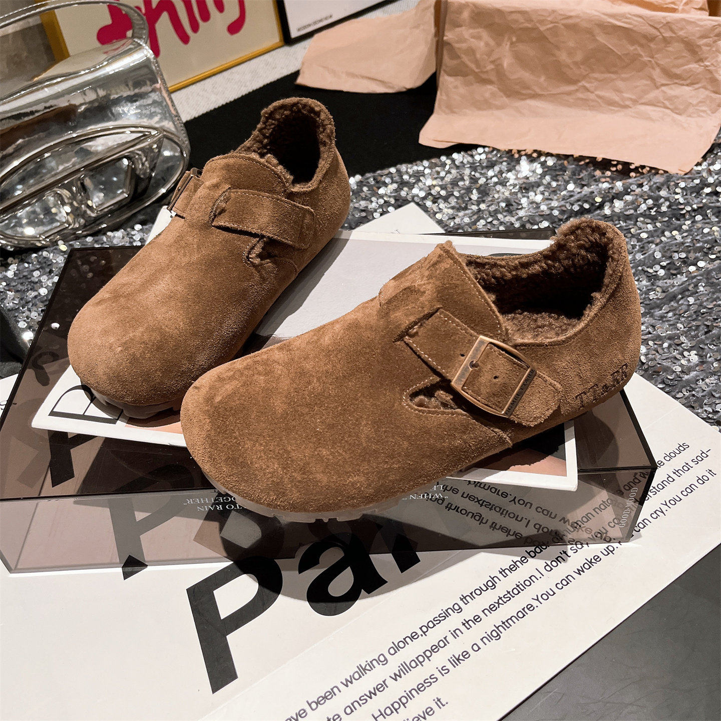 真皮羊羔绒~欧货经典加绒一脚蹬勃肯鞋软底豆豆鞋平底毛毛鞋女鞋,淘宝优惠券,粉丝福利购,淘宝优惠卷